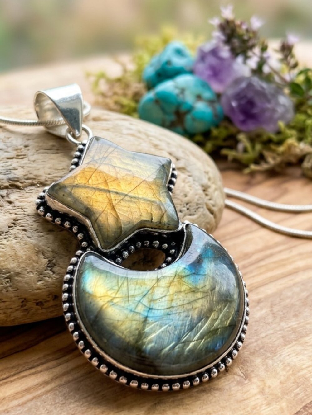 OOAK Labradorite Star & Crescent Moon Pendant Tested Stone 925 Bale